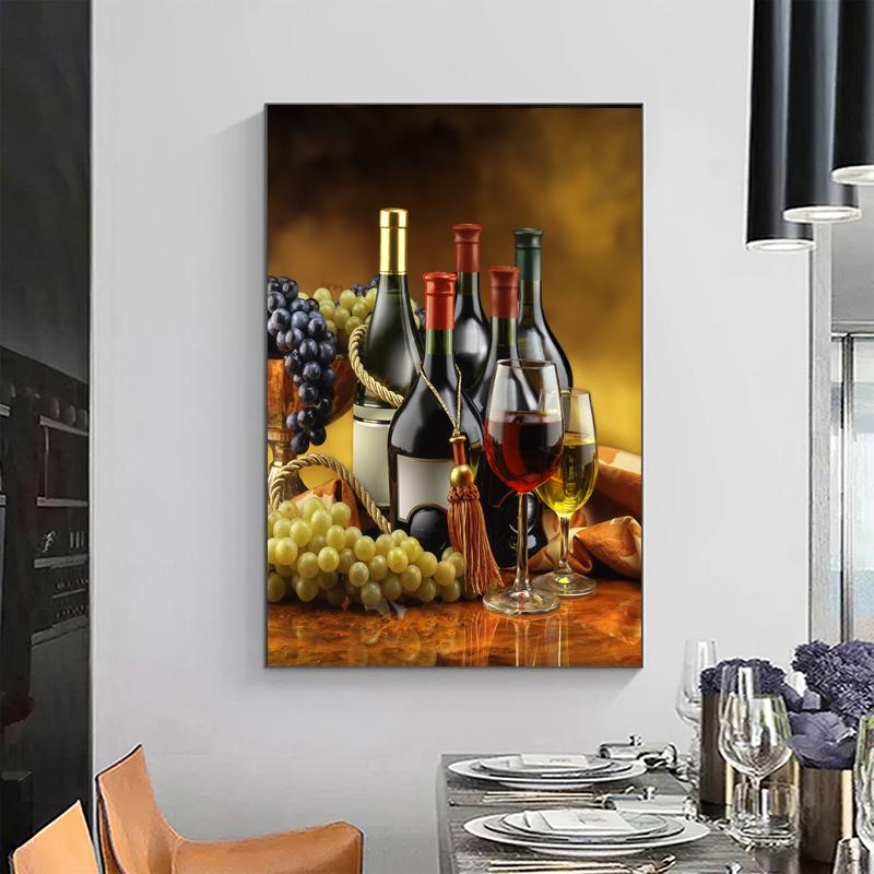 Wine Glass Bottle Posters and Prints Canvas Painting Wall Art Pictures for Dining Room Home Decor Grapes Wooden Barrel Cuadros