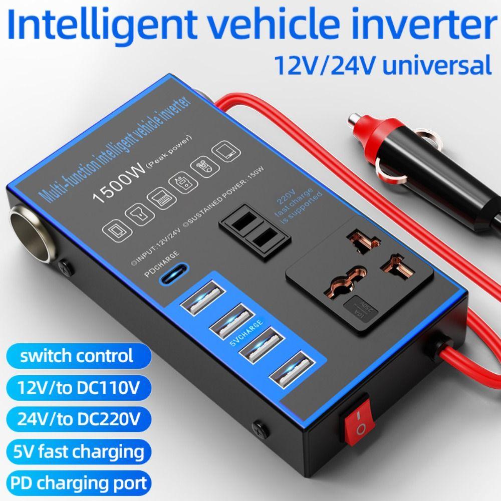Portable Universal Car Inverter DC 12V/24V To AC 220V High Power Car Converter Socket 4 USB/PD 1500W Power Adapter