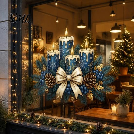 Winter Holiday Glass Stickers Christmas Candle Static Stickers, Removable Window Cling with Bow Pinecone And Pine Decorative Branch Clings Pattern,