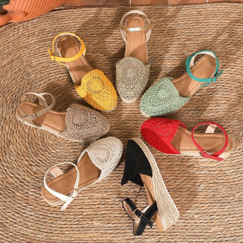 2026 New Women's Wedge Espadrille Sandals Ankle Strap Platform Shoes Breathable Knit Design Fashion Casual Summer Sandals Size35