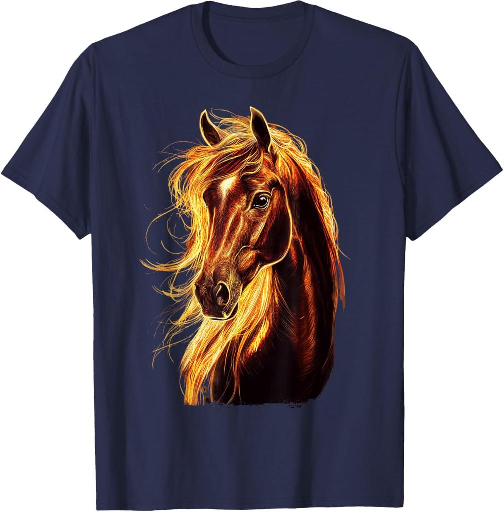 Feuriges Pferdekopf Grafik-T-Shirt Atmungsaktives Baumwoll-Kurzarm-T-Shirt für Reitsport-Liebhaber