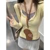 Small Goose Yellow Lace Splicing Long-sleeved Top Women's Early Spring Slim-fitting Fake Two-piece Contrasting Color Bottoming T-shirt