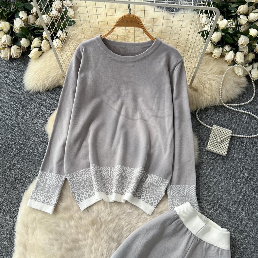 Autumn Winter Women Vintage Jacquard Knitted Sweater Trouser Two Piece Set Full Sleeve Pullover Tops and Wide Leg Pant Tracksuit