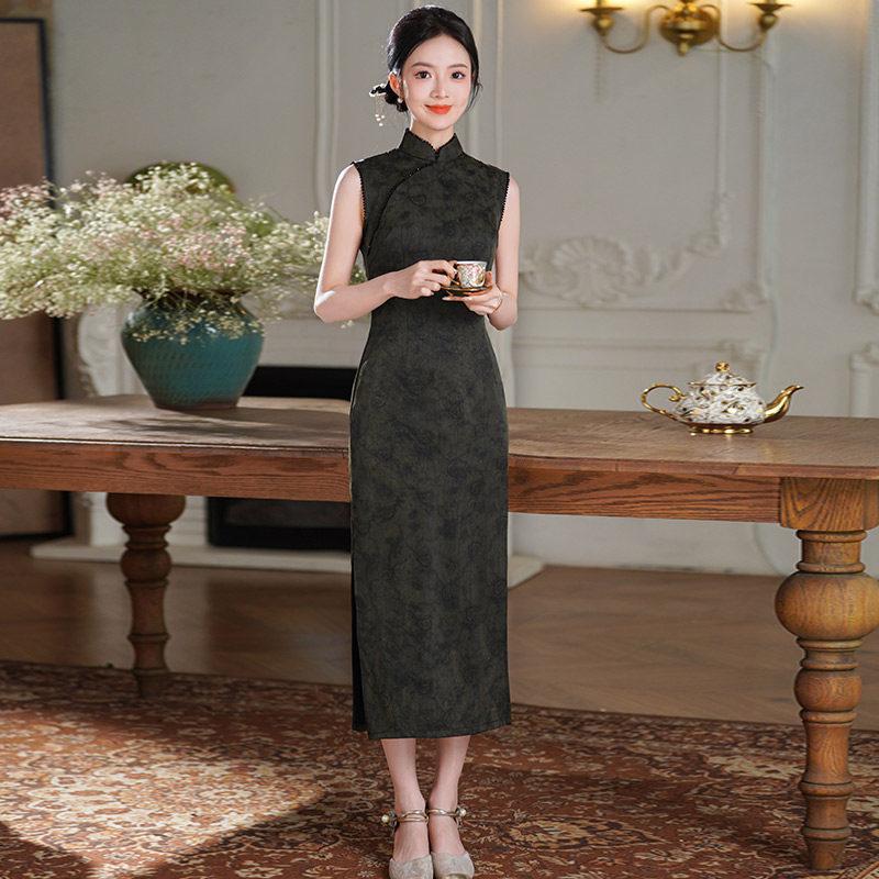 Black sleeveless national style new Chinese long improved cheongsam 1011 new women's high-end retro dress spring and summer