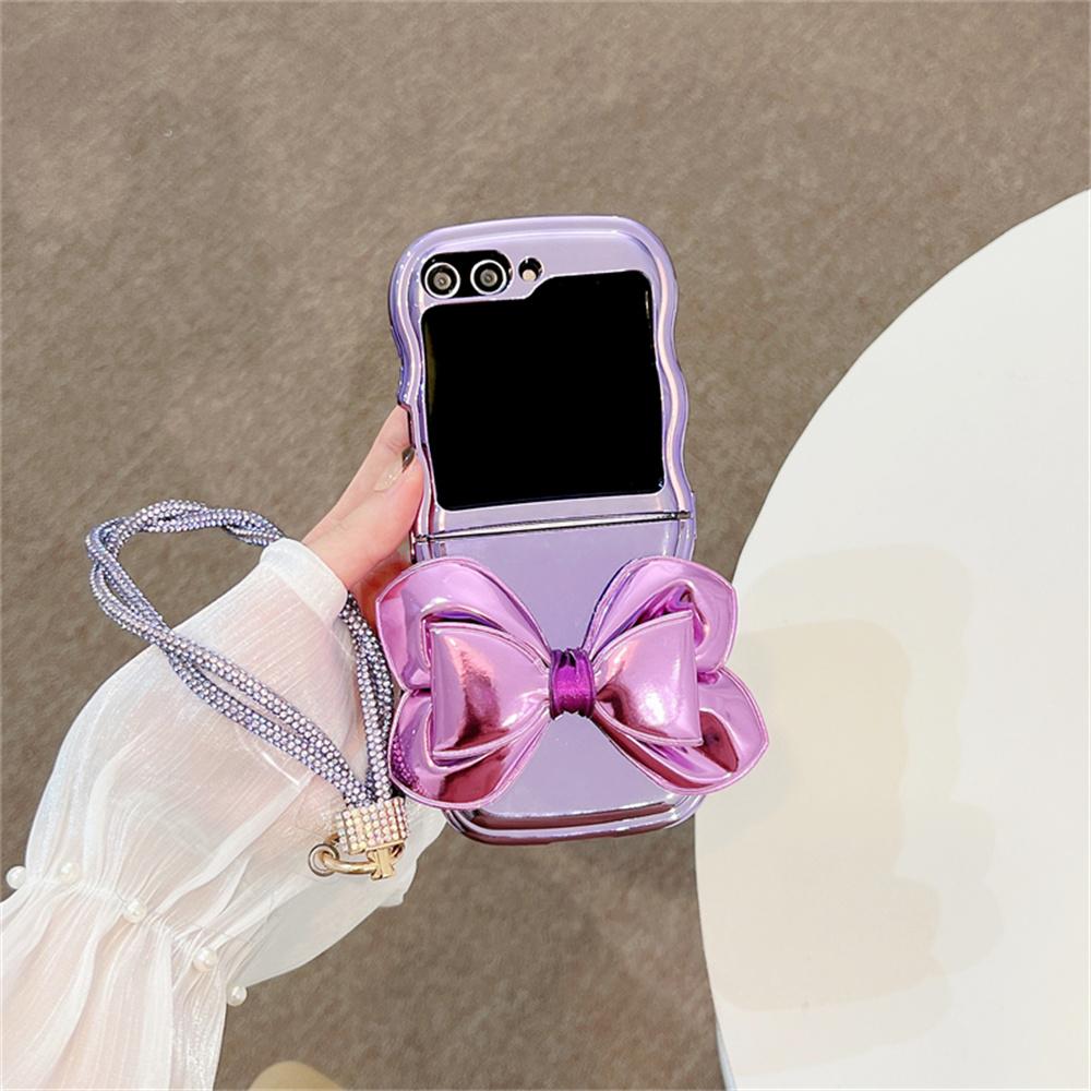 Big Leather Bowknot Phone Case For Samsung Z Flip 4 z flip 6 5 3 Bracelet Cover For Galaxy Z Flip5 Plating Wavy Cases
