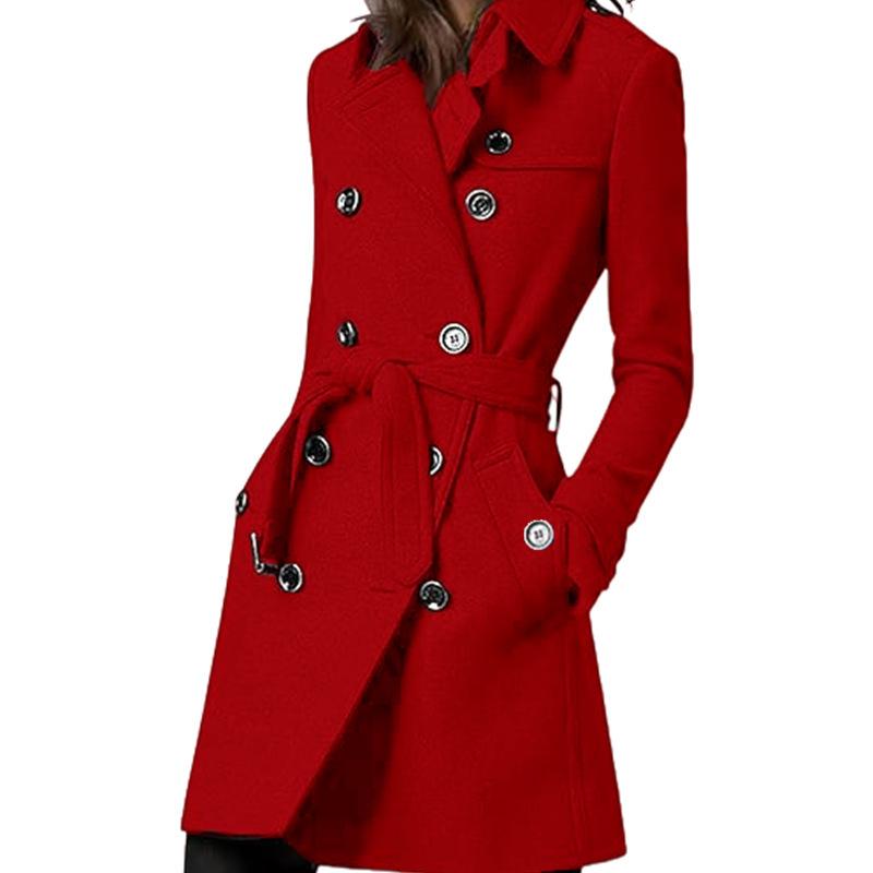 Cappotto lungo da donna in lana per autunno e inverno, con cintura in vita e doppiopetto