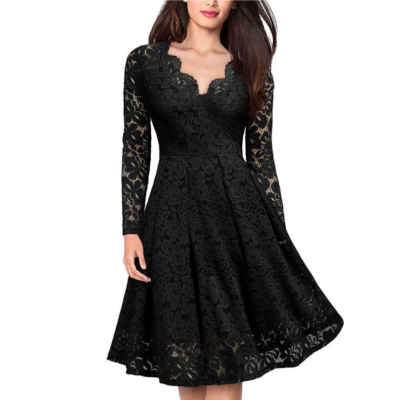Women Lace A-Line Dress Spring Autumn V Neck Long Sleeve Lace Crochet Patchwork WineRed Slim Party Dresses