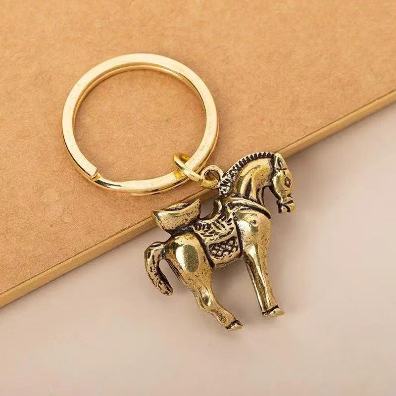 Brass Horse Wealth Keychain Pendant with Five Copper Coins - Creative Car Hanging Ornament