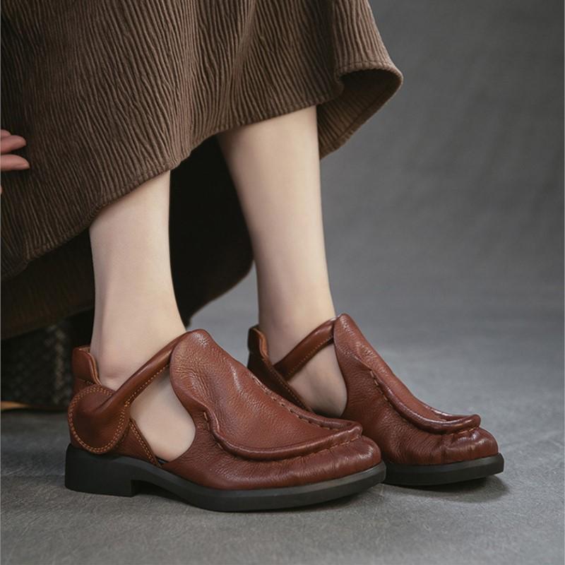 Johnature Sandales de Ville en Cuir Véritable Rétro Polyvalentes Peau de Vache Bout Rond Petit Talon Chaussures pour Femmes