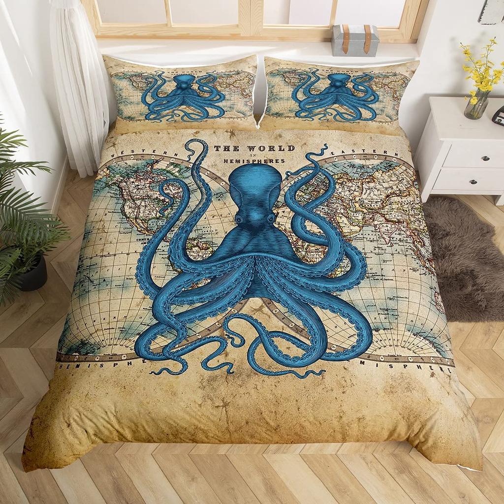 Oktopus Bettbezug-Set, Cartoon Oktopus Tentakel Polyester Bettdeckenbezug Einzelgröße, Meer Marine Bettwäsche-Set für Kind Jungen Mädchen