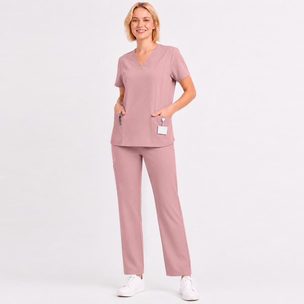 Women's Uniform Scrub Set - V-Neck Short Sleeve Top with Pockets and Drawstring Pants, Quick Dry Color for Healthcare Workers