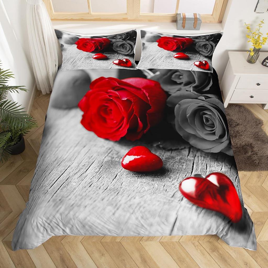 Valentine's Day Duvet Cover Queen Full Red Rose Romantic Flower Duvet Cover Heart Shaped Print Floral Black Soft Comforter Cover