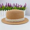 Summer small eaves straw weaving flat top flat eaves lace pearl bead grass hat sunscreen travel Internet celebrity women's Xiaoxiang style