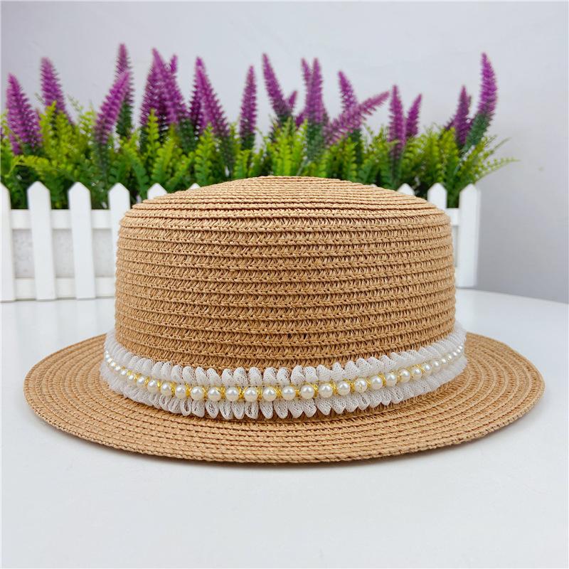 Summer small eaves straw weaving flat top flat eaves lace pearl bead grass hat sunscreen travel Internet celebrity women's Xiaoxiang style