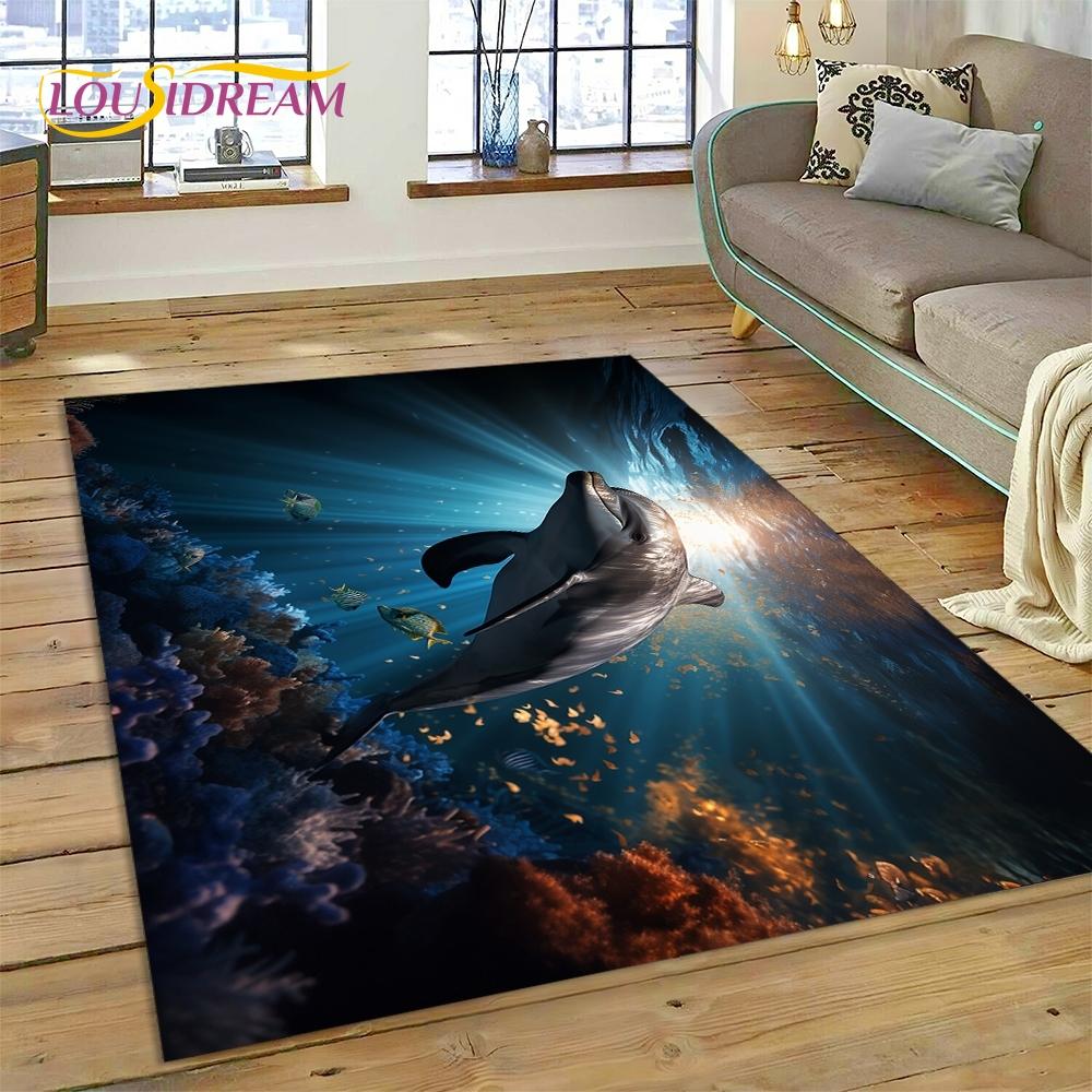 

3D Підводний світ морського дна Мультфільм Дельфін Килимок для домашнього декору вітальні, спальні, нековзка прикраса для дивана, подарунок для дитини 200x160cm( 78x62in )