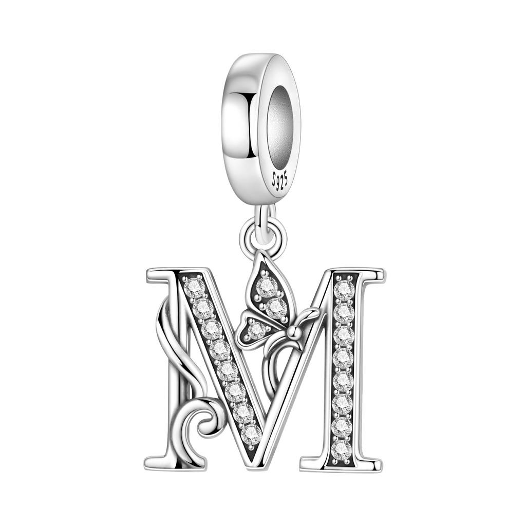 Orstarry DIY Zircon Butterfly 26 Letter Beads 925 Silver Pendant Charms for Bracelet Necklace Jewelry Gifts