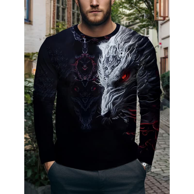 T-shirt décontracté à manches longues et col rond pour homme, imprimé, automne et hiver