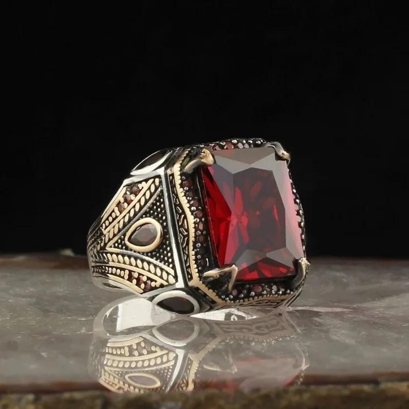 Retro Handmade Turkish Signet Rings For Men Silver Carved Ring Mystic Zircon Inlay Punk Biker Jewelry