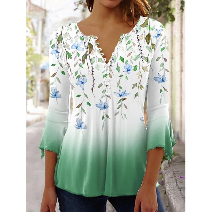 Women'S V-Neck Button-Down T-Shirt Summer Fashion Clothing Printed Top Popular Seven-Quarter Sleeve Clothing Y2k Women'S T-Shirt