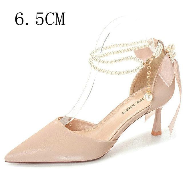 Fashion 2025 New Hollow Head High Heel Sandals Pearl Slim Heels Senior Sense Nude Nightclub Shoes Women