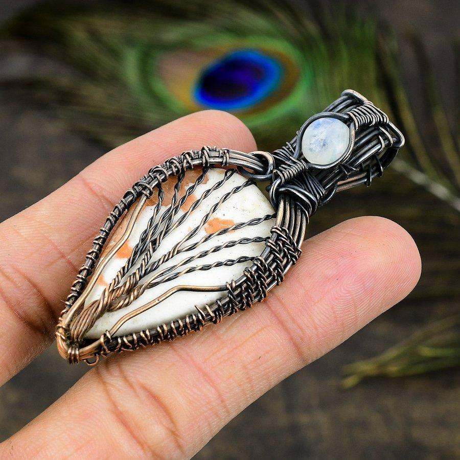 Orange Scolecite, Moonstone Gemstone Copper Wire Wrap Jewelry Pendant 3.35"