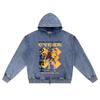 DTG Print Knitted Denim Zip-Up Hoodie Cyber Japanese Brother Print Zipper Hoodies  