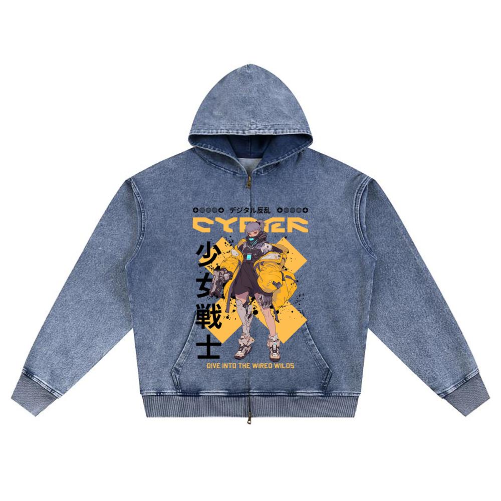 DTG Print Knitted Denim Zip-Up Hoodie Cyber Japanese Brother Print Zipper Hoodies