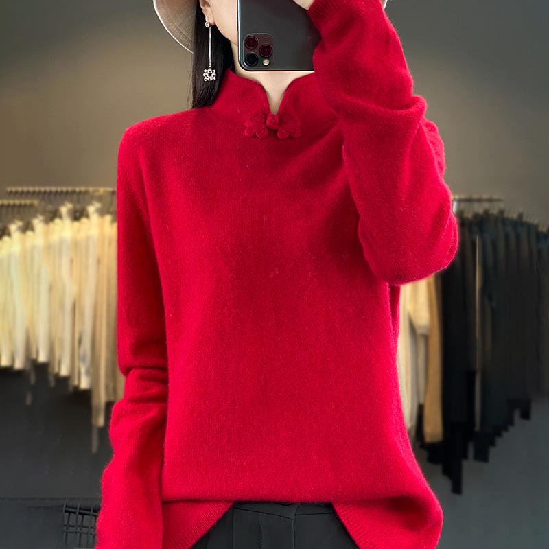Women's 100% Wool Retro Stand Collar Sweater with Frog Buttons, Solid Color Knit, Autumn/Winter 2025 Collection
