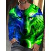 Long-sleeve 3D Printed Wolf Pattern Stylish T-shirt, Men's Street Casual, Round-neck Trendy T-shirt