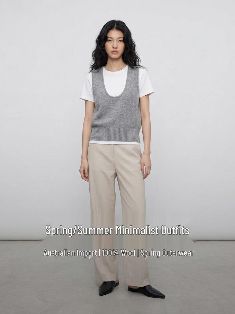 2026 Spring/Summer Women's 100% Wool Sleeveless U-Neck Knit Vest in Solid Color, Light Luxury Style