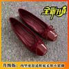 Soft leather shallow mouth single shoes 2025 new soft sole flat bottom square head French bow red women's shoes evening grandma shoes