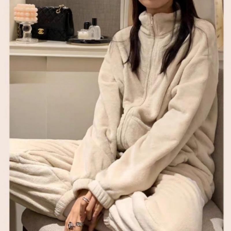 

Комплект домашней одежды на молнии, новый зимний теплый, простой, плотный, можно носить снаружи, длинные рукава, длинные брюки, комплект из двух предметов для женщин XL бежевый
