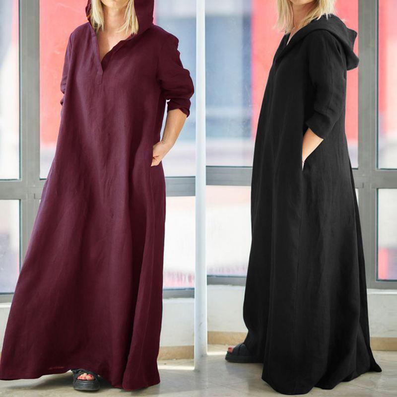 Women's Hooded V Neck Long Sleeve Linen Maxi Dress Loose Fit Solid Color Modest Abaya Kaftan