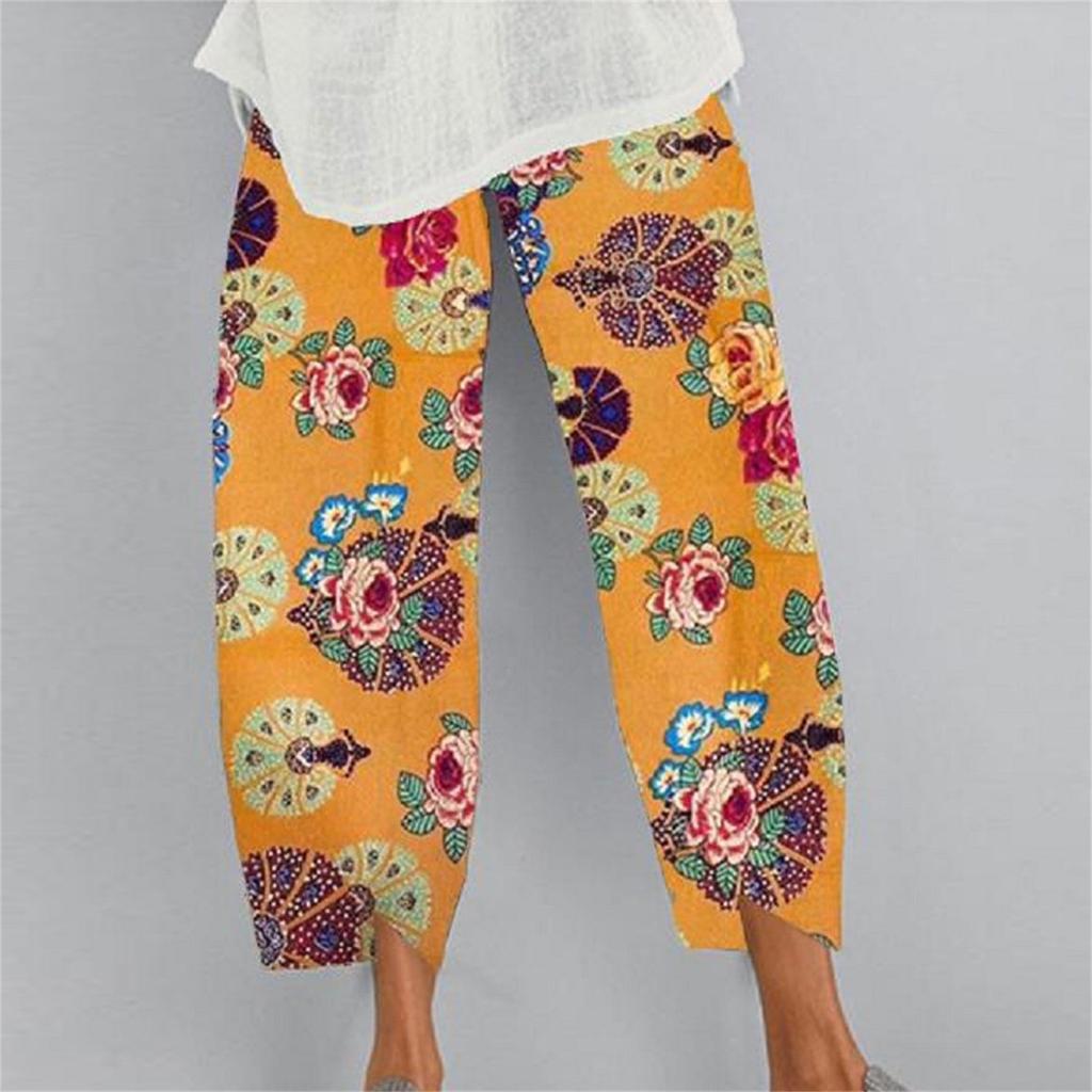 Women Lady Casual Flowers Print Elastic Girdle Waist Wide Leg Pants Trousers