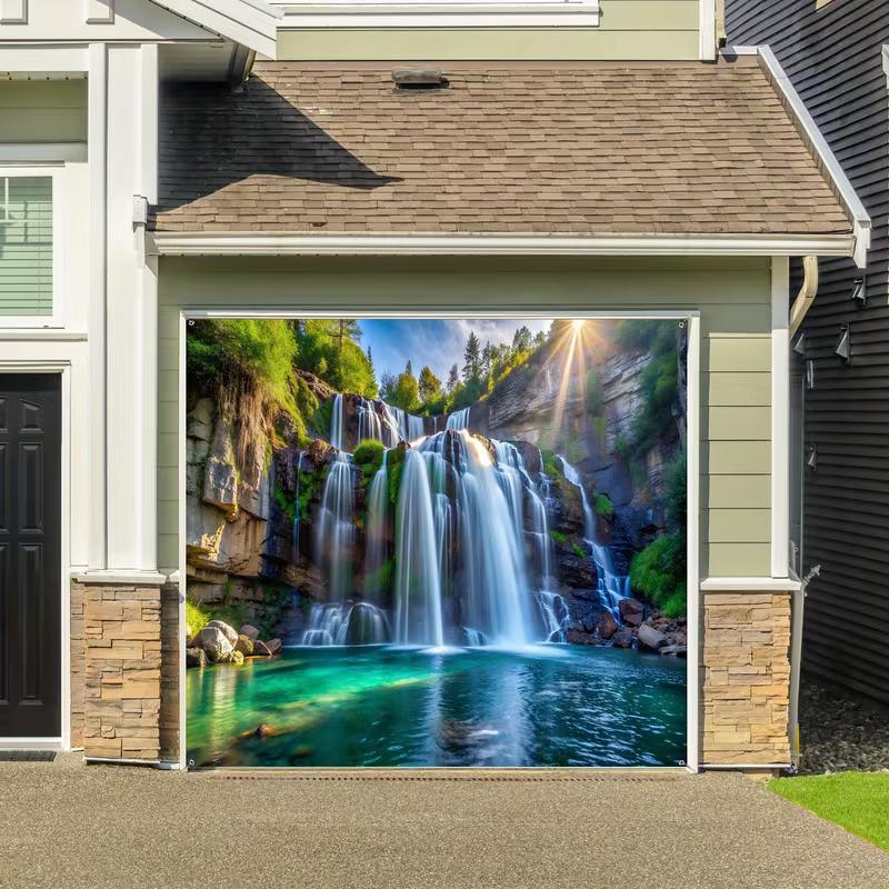 2D Turquoise Lake Waterfall Garage Banner Outdoor Holiday Decoration