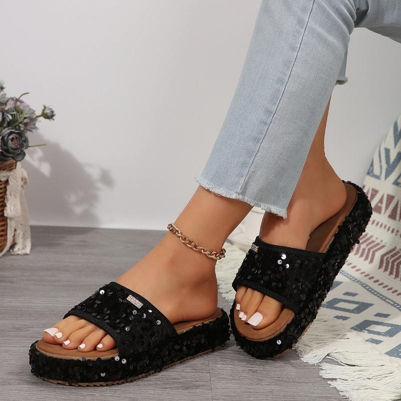 2025 Summer New Platform Sandals Women's Round Head Open Toe Sequin Cloth Soft Sole Anti-slip Wear-resistant Flat Slippers