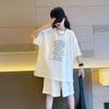 Summer Girls Suit Child Set Cloth Letters Short-Sleeved Loose T-shirt + Short Pants Teenager Tracksuits Kids 4-12 Year