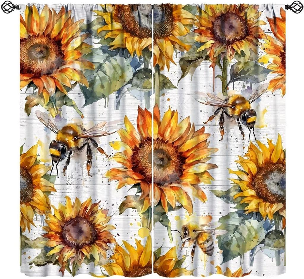 Bee Curtains Boy Girl Bedroom Spring Yellow Honeybee Inspirational Art Printed Window Drapes Living Room Curtain Light Blocking Polyester Ideal For