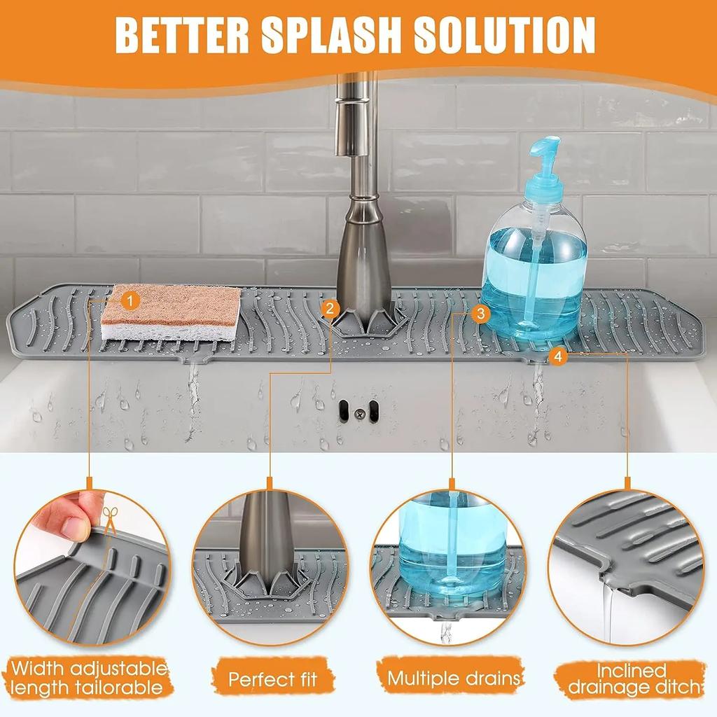 Large Sink Splash Guard 30 Inch Silicone Faucet Handle Drip Catcher Tray Longer Silicone Sink Mat for Kitchen Bathroom