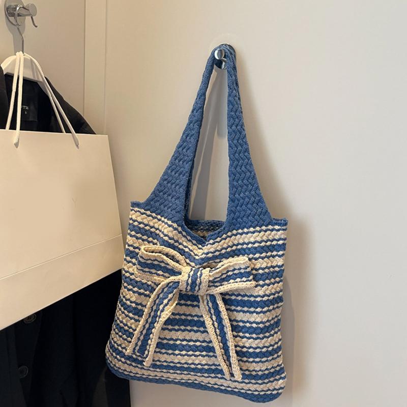 Nova Bolsa de Crochê Listrada com Laço Grande Capacidade Casual Bolsa de Ombro Tecida Multicolorida Bolsa de Tricô Feita à Mão
