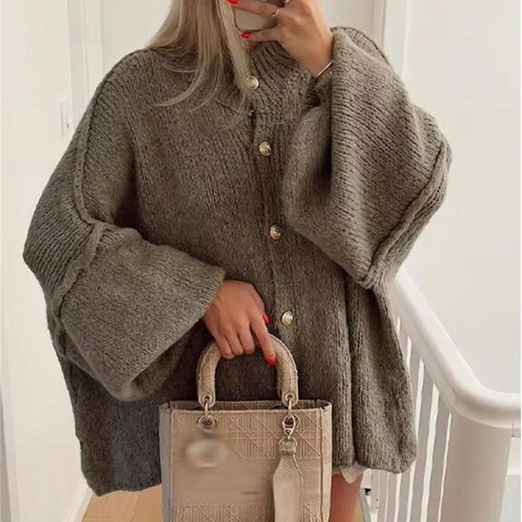 Fashion Loose Sweater for Women O-neck Metal Button Cardigan Single Breasted Autumn Winter Casual Coat Female Outfit Tops