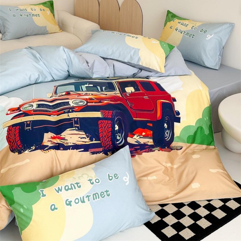 Cartoon Car  Motif,Microfibre Bedding Sets, Children's Bed Decor Duvet Cover for Teenagers Adult 3-Piece  with Zip Room Decor