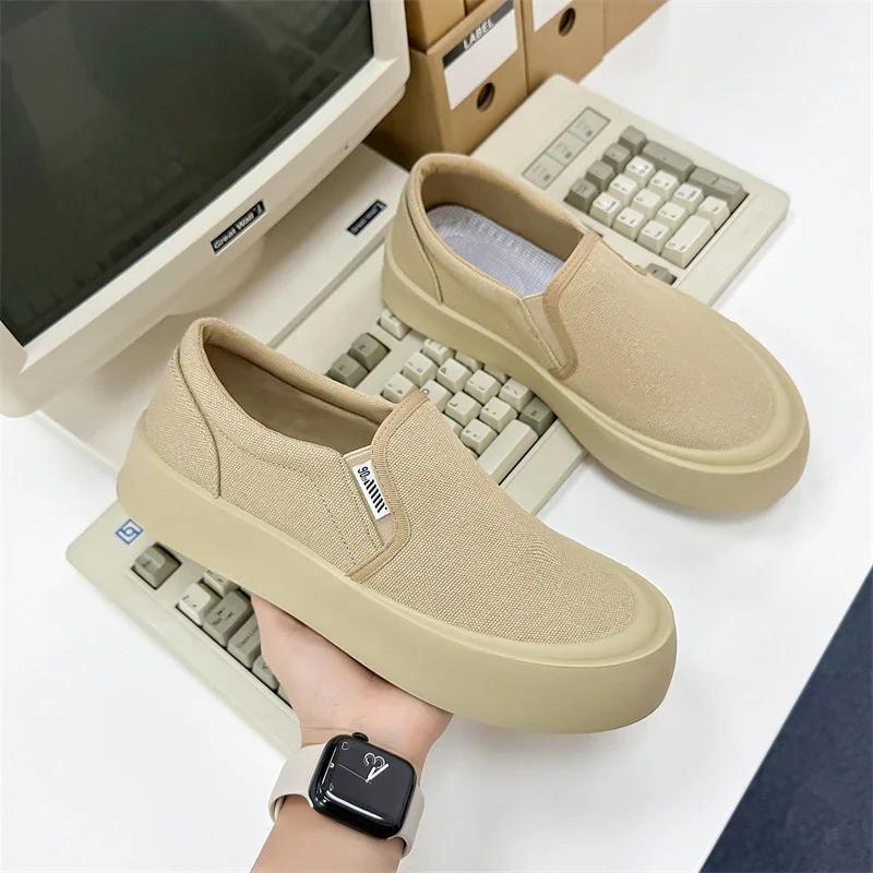 Mens white canvas loafers high-quality thick soles fashionable casual sports shoes versatile board shoes lazy shoes