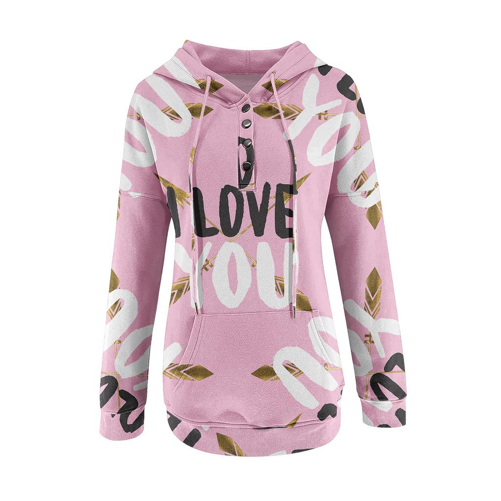 Long Sleeve Shirts For Women Valentine's Day  Lightweight Crewneck Loose Casual Print Hooded Draw Rope Pullover Tops