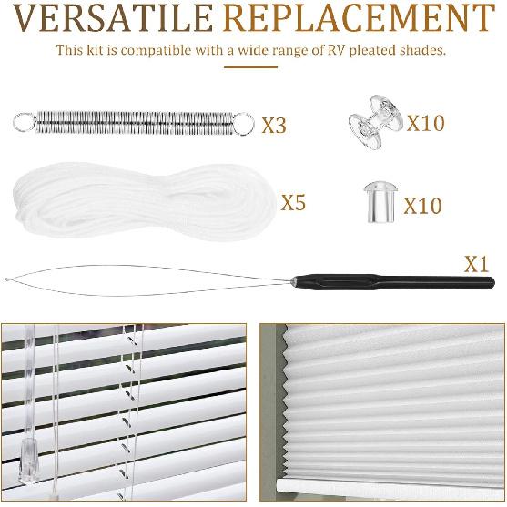 

iplusmile Rv Pleated Shade Repair Kit with Restring Tool and Cord Retainers Replacement Parts for Honeycomb Curtain Accessories Window Blinds Set