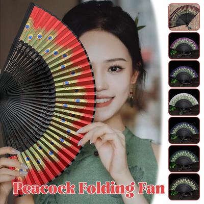 Pfauenfächer im chinesischen Stil Bambusfächer Klassisches Handwerk Anhänger für antiken Tanz Hanfu Elegant Retro Seide Faltfächer