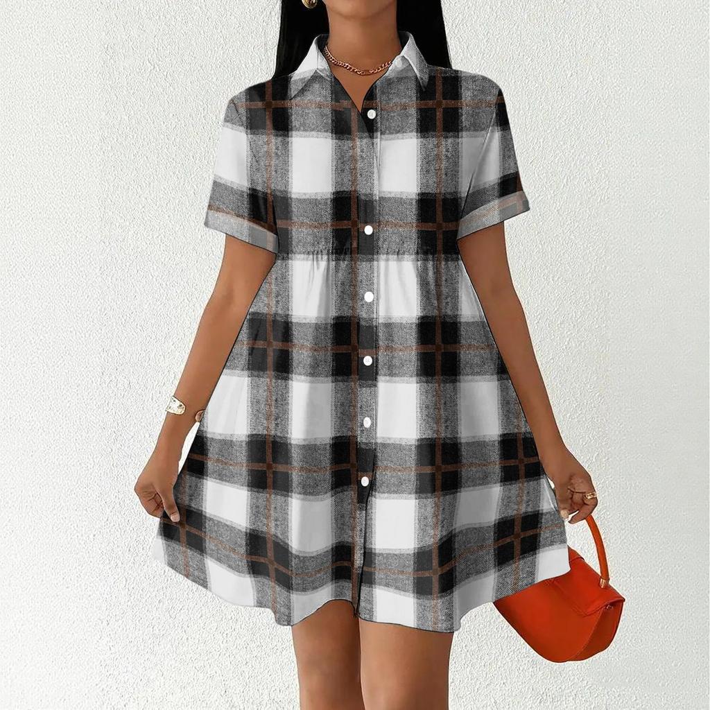 Women Casual Loose Fit Shirt Dress Button Front Short Sleeve Collared Dress Lightweight Plaid Pattern Summer Dress