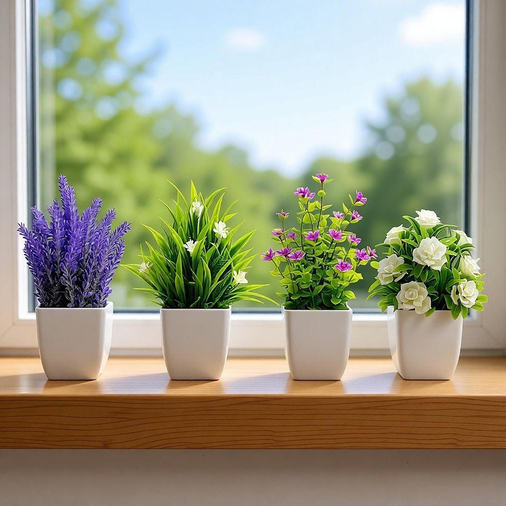 Multicolor Artificial Flower Potted Greenery Plant Eucalyptus Grass Potted Plant Ornaments Rose Lavender Mini Flower