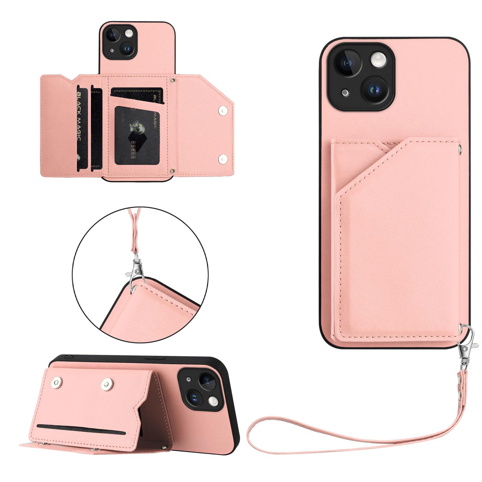 

For iPhone 15 Case Card Holder Kickstand Skin-Touch Phone Cover with Wrist Strap Pink