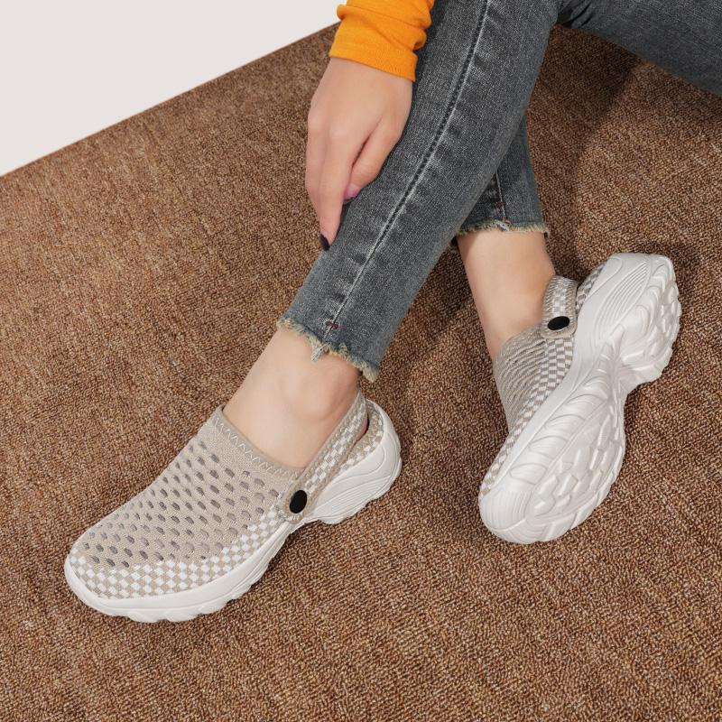 Women Round-toe Half Slippers Breathable Mesh 2 in 1 Slippers Ladies Elastic Casual Walking Shoes Lightweight Slip-ons